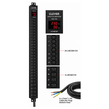 Clever (China) 0U 28-Way IEC C13/C19 Metered Vertical PDU with LED V/A Ammeter - AUE2211C4-28AVOOOB price in srilanka