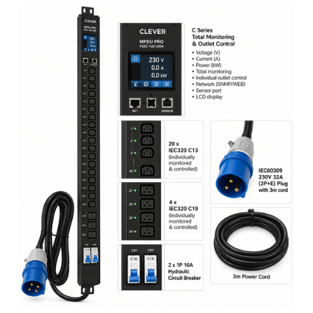 Clever (China) MPDU Pro C Series 0U 24-Way IEC C13/C19 Outlet Control PDU - PZIC-130-2004 price in srilanka