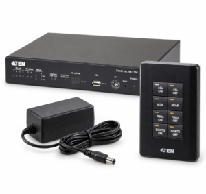 Illustration of ATEN VK1100 control box, VK108US eight-button keypad and power adapter bundle