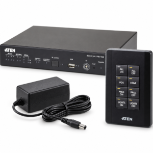 Illustration of ATEN VK1100 control box, VK108US eight-button keypad and power adapter bundle