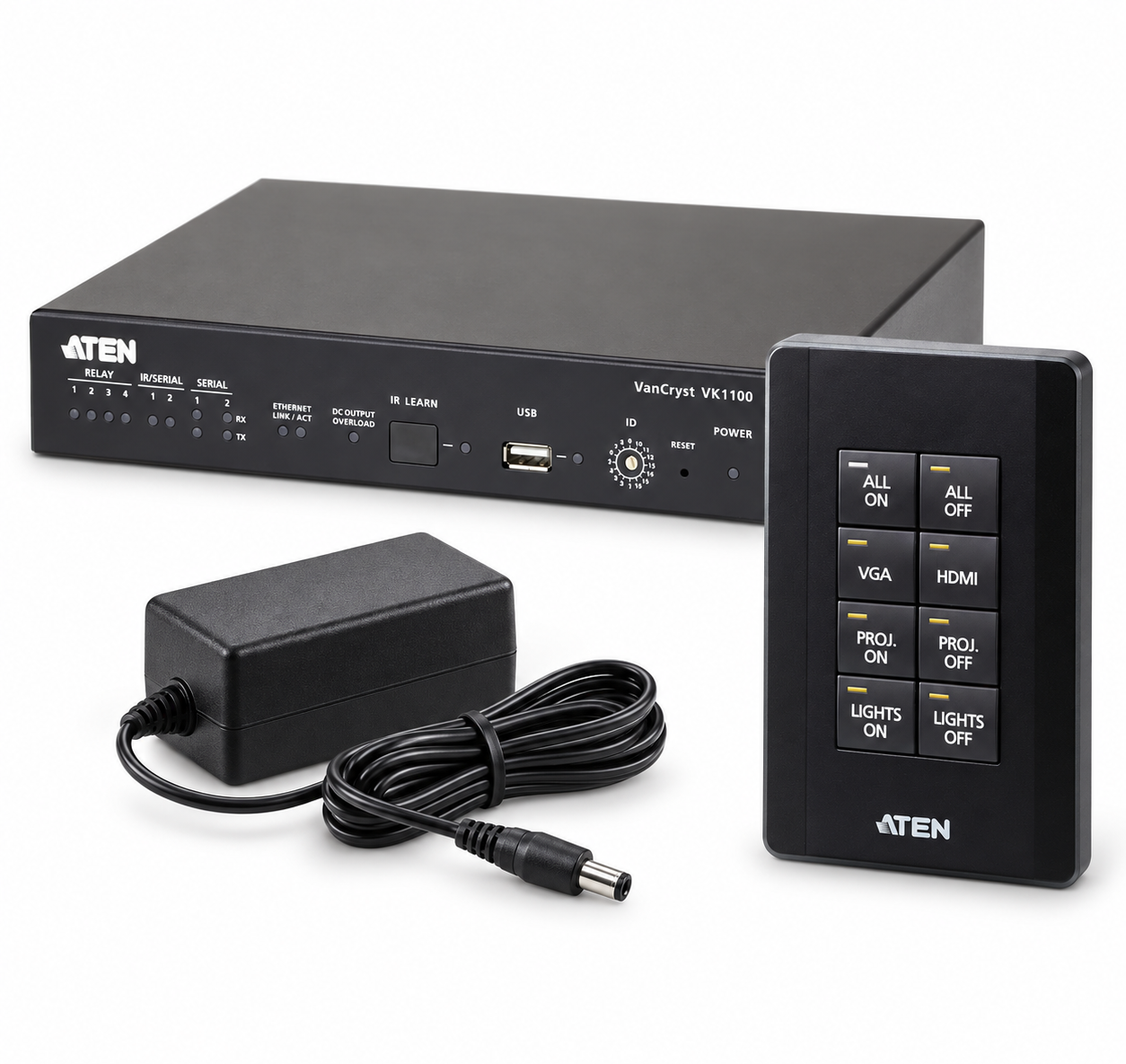 Illustration of ATEN VK1100 control box, VK108US eight-button keypad and power adapter bundle