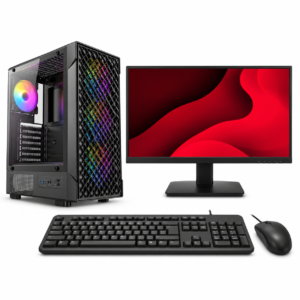 Illustrative AMD desktop full set with Antec VX320 ARGB tower, 19.5-inch monitor, wired keyboard and mouse