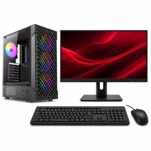 Illustrative AMD desktop full set with Antec VX320 ARGB tower, 21.5-inch monitor, wired keyboard and mouse