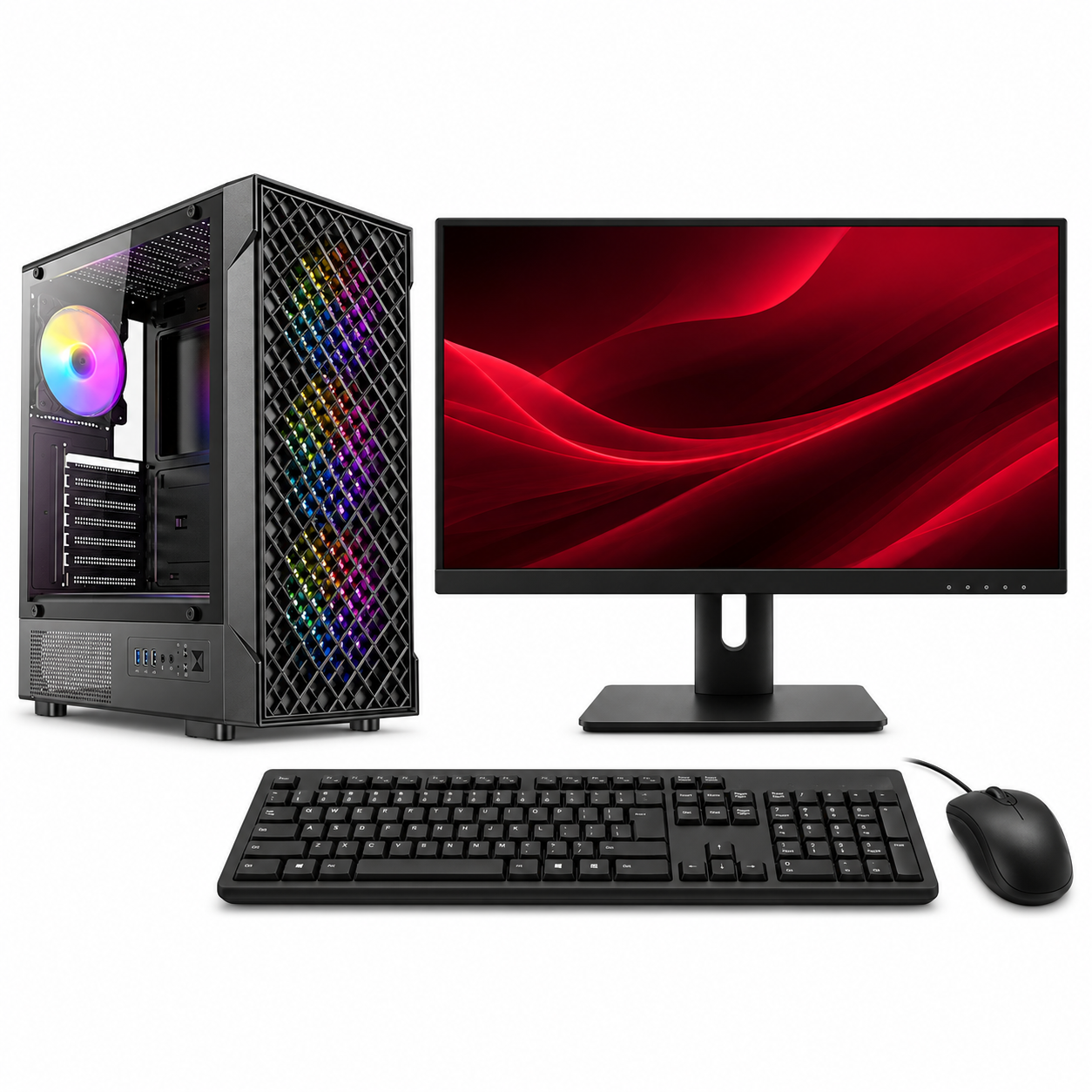 Illustrative AMD desktop full set with Antec VX320 ARGB tower, 21.5-inch monitor, wired keyboard and mouse