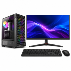 Illustrative AMD desktop full set with Antec VX320 ARGB tower, 27-inch monitor, wired keyboard and mouse