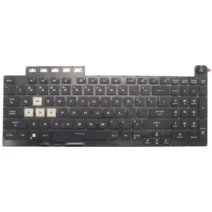Asus TUF Gaming A15/A17 US backlit keyboard front, with highlighted WASD keys and top-right power switch.